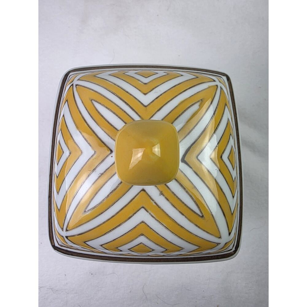 Vintage Ceramic Ginger Jar Yellow & White Geometric Chinoiserie Art Deco Style - Picture 5 of 9